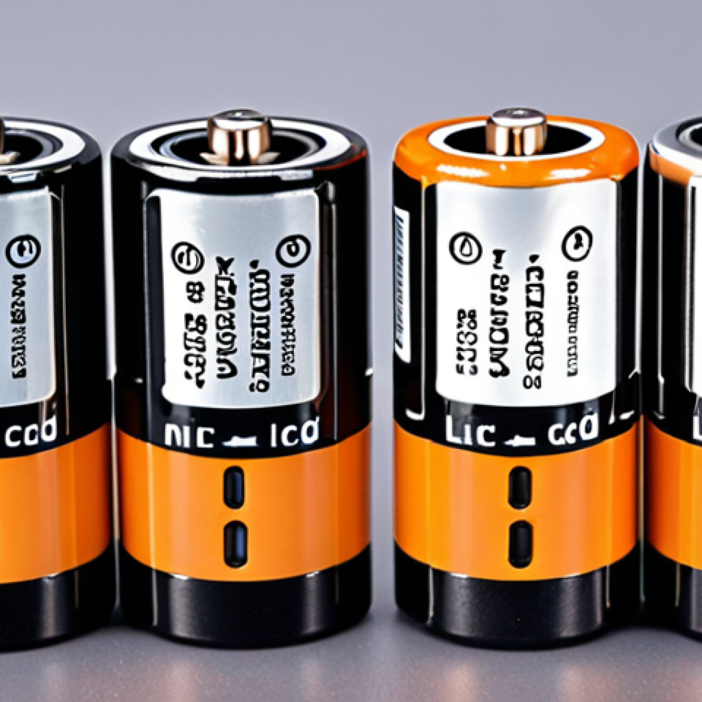 A close-up shot of various types of power drill batteries (Ni-Cd, Ni-MH, Li-ion) arranged side-by-side, highlighting their differences in size and shape, with a focus on the modern Li-ion battery's sleek design.