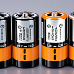 A close-up shot of various types of power drill batteries (Ni-Cd, Ni-MH, Li-ion) arranged side-by-side, highlighting their differences in size and shape, with a focus on the modern Li-ion battery's sleek design.