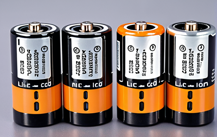 A close-up shot of various types of power drill batteries (Ni-Cd, Ni-MH, Li-ion) arranged side-by-side, highlighting their differences in size and shape, with a focus on the modern Li-ion battery's sleek design.