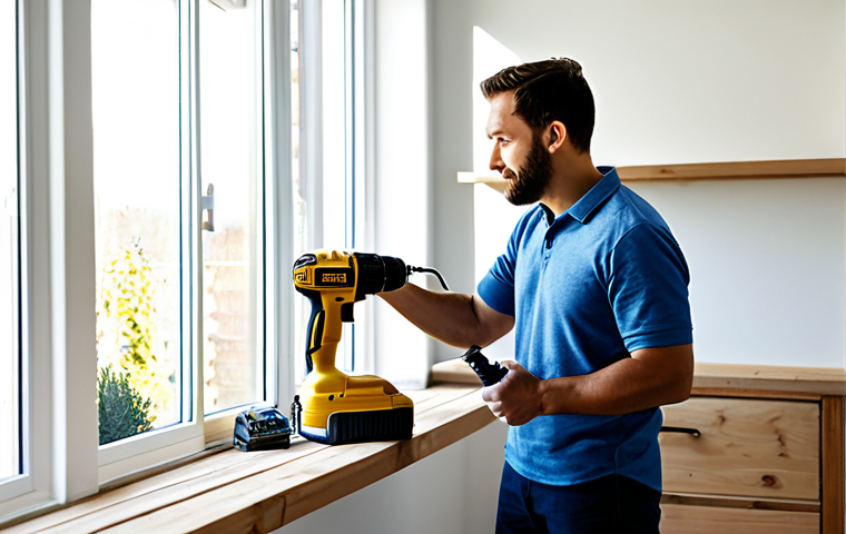 An adult individual, fully clothed in modest, practical work attire, confidently using a power drill to assemble a new wooden shelf in a sunlit, modern living room. The scene captures the essence of a successful DIY project, emphasizing ease and efficiency. The background is clean and tidy, with natural light streaming through a window. safe for work, appropriate content, fully clothed, family-friendly, perfect anatomy, correct proportions, natural pose, well-formed hands, proper finger count, natural body proportions, professional photography, high quality.